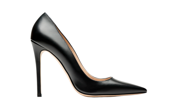 Sleek black leather high-heeled pump, featuring a pointed toe and stiletto heel