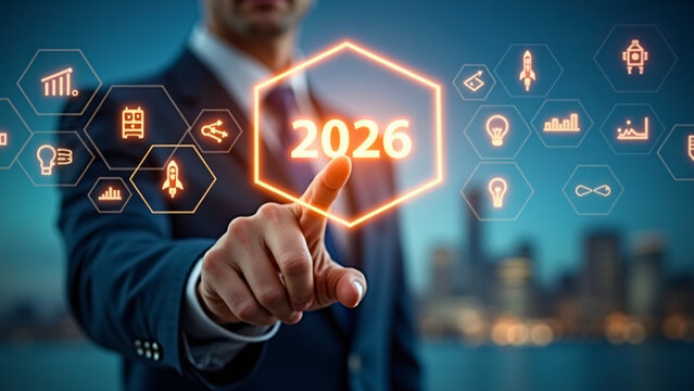Suited figure activates glowing “2026” hex—icons orbit above cityscape, evoking innovation and urban ambition.

