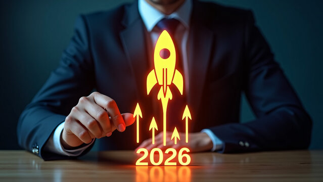 Suited figure activates rocket icon—orange “2026” glows beneath arrows of progress, ambition, and innovation.
 - Powered by Adobe