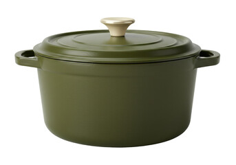 Olive green enameled cast iron dutch oven isolated, cooking pot with lid and handles for...