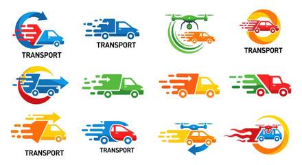 Dynamic Transport and Delivery Logos Collection: Modern Designs with Trucks, casual shoes, Cars, Speed Arrows, and Movement Lines, Ideal for Logistics and Express Shipping Services Branding, Flat