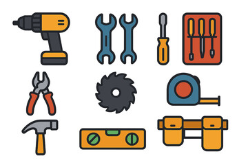 Fototapeta premium DIY Tool Icons. Flat vector icons of DIY tools: cordless drill, wrench set, screwdriver kit, pliers, hammer head, saw blade,