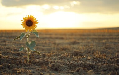 A single vibrant sunflower stands tall in a dry, harvested field, backlit by the warm glow of sunset, symbolizing resilience, hope, and natural beauty