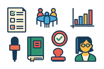 Educational Research Icons. Flat vector icons of educational research: survey form, lecture hall, focus group, data chart,