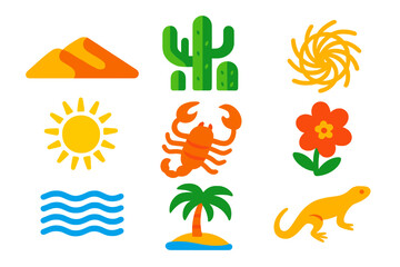 Desert Landscape Icons. Flat vector icons of desert landscape: sand dune, cactus cluster, tumbleweed, sun glyph, scorpion, desert