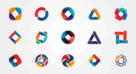 Collection of Modern Abstract Colorful Geometric Logos and Icons for Branding and Corporate Identity, Featuring Dynamic Shapes and Vibrant Multicolored Designs on White Background, Flat Vector