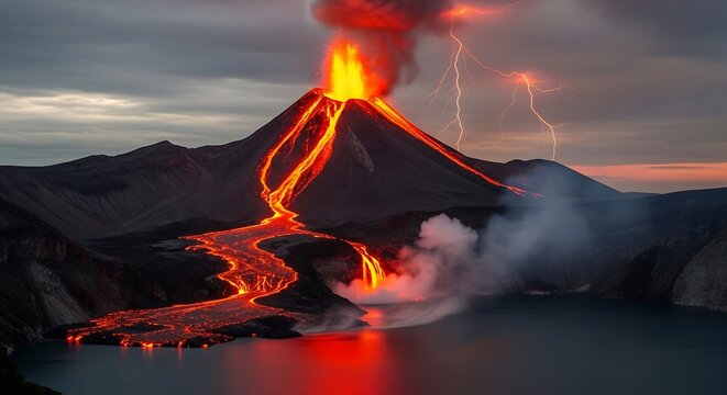 Dramatic Volcanic Eruption with Flowing Lava and Lightning Strikes Over a Lake at Dusk. - Powered by Adobe