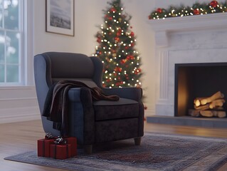 Cozy Christmas Living Room Scene with Armchair and Fireplace