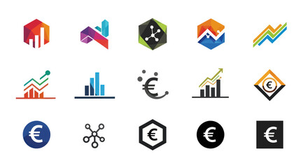 Set of Modern Business and Finance Icons: Data Analytics, Growth Trends, Euro Currency, and Network Connection Symbols on White Background, Flat Vector Elements, Vector Illustration, Simple Vector,