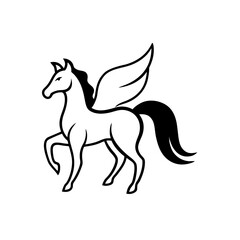 Fototapeta premium Illustration of a black and white pegasus with wings and a flowing tail in a simple line drawing style on transparent background silhouette