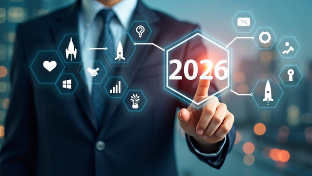 Business figure activates glowing “2026” icon—hexagonal interface radiates clarity, innovation, and sectoral ambition.
