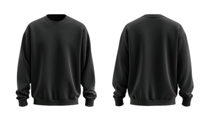 Front and back views of a black, oversized crewneck sweatshirt on a solid dark background