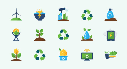Collection of Environmental and Renewable Energy Icons: Wind Turbine, Solar Power, Sustainable Growth, and Recycling Symbols, Flat Vector Elements, Vector Illustration, Simple Vector, Stylized Vector
