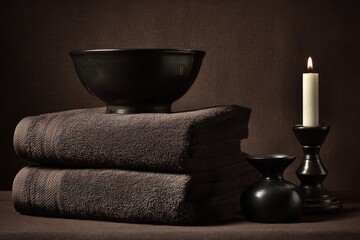 Spa scene with stacked towels, bowl, candle, and small vase on a brown backdrop