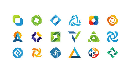 Collection of Nine Abstract Colorful Modern Logo Designs on a White Background, Featuring Geometric, Organic, and Swirling Shapes for Branding and Corporate Identity, Flat Vector Elements, Vector