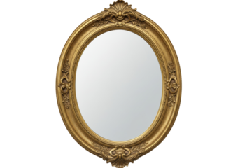 Ornate gold oval mirror isolated on transparent background, vintage style home decor element for interior design projects