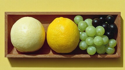Fresh lemon, grapefruit, green and black grapes arranged in wooden tray on yellow background - minimal still life, healthy snack display, summer fruit composition