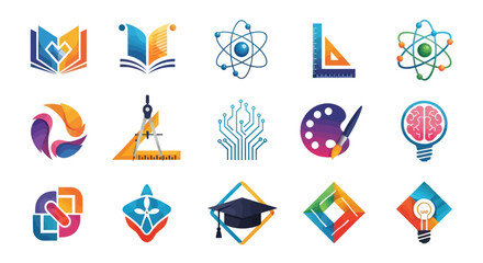 Collection of Colorful Abstract and Educational Logos Including Open Books, Drafting Tools, and Geometric Shapes on White Background, Flat Vector Elements, Vector Illustration, Simple Vector,