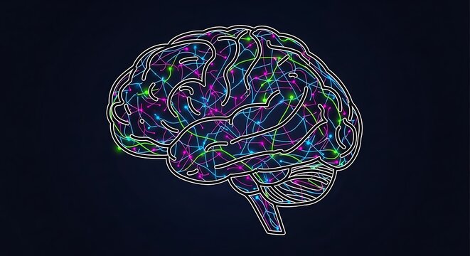 Human brain illustration with colorful neural network connections.