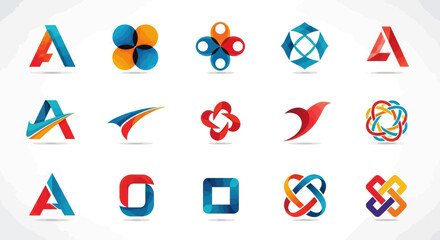 Collection of Modern Abstract Gradient Logos and Icons, Featuring Stylized Letters A, Geometric Forms, Dynamic Swirls, and Interlocking Shapes, Ideal for Diverse Business Branding, Flat Vector