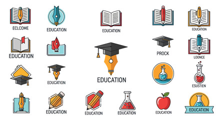 Education and Academic Icons Collection with Books, Pens, Pencils, and Graduation Caps in Flat Vector Style on White Background, Flat Vector Elements, Vector Illustration, Simple Vector, Stylized