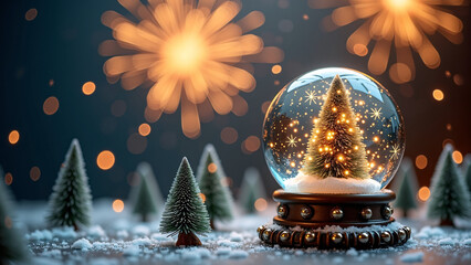 Glowing tree inside snow globe—fireworks burst above snowy pines, evoking warmth, wonder, and festive magic.