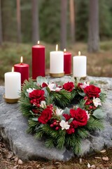 Heart-shaped Christmas wreath with candles on forest rock