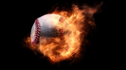 baseball. Baseball with dramatic fiery effect isolated on pure black background with intense flames. event key visuals, club posters, designed for sports event promotions and stadium branding.