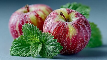 Vibrant Red and Yellow Striped Apples with Dew Drops and Fresh Green Mint Leaves, Close-Up for Healthy Lifestyle Content and Culinary Presentations