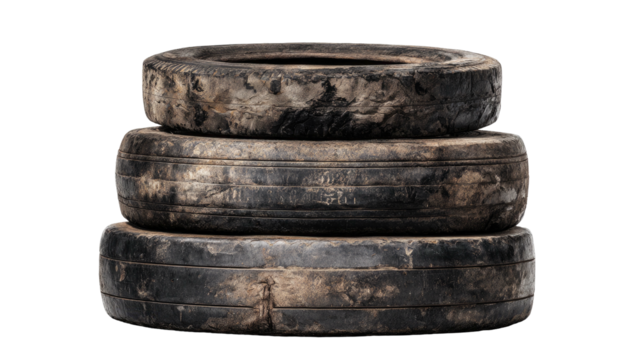 Three used, dirty, stacked rubber tires isolated on a transparent black background - Powered by Adobe