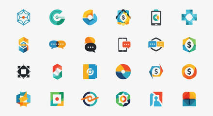 Collection of Modern Abstract Geometric Logos and Icons in Vibrant Colors for Digital, Technology, and Communication Branding, Flat Vector Elements, Vector Illustration, Simple Vector, Stylized