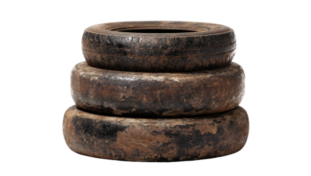 Three worn, dirty rubber tires are stacked, a symbol of disposal, reuse, or perhaps decay