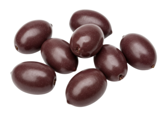 Pile of Kalamata olives isolated on transparent background, dark purple Mediterranean fruit for healthy eating and gourmet food