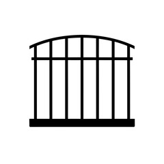 An illustration of a black metal fence with a curved top and vertical bars on a white background on transparent background silhouette
