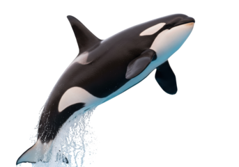 Isolated Orca leaping out of the water, an apex predator also known as a killer whale
