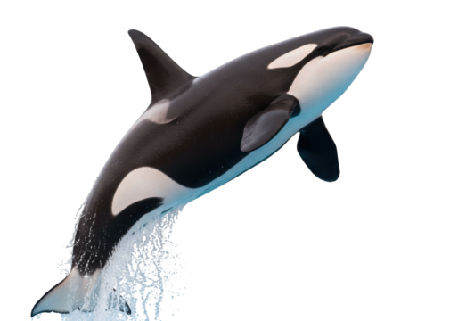 Isolated Orca leaping out of the water, an apex predator also known as a killer whale