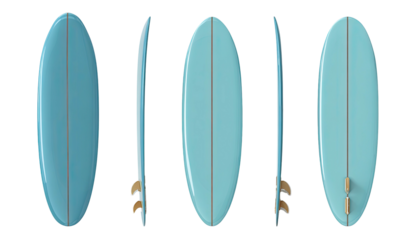 Rendered light-blue surfboard, showcasing the top, side, and rear views, featuring two fins