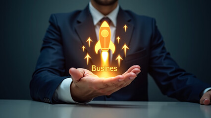 Business figure presents glowing rocket—arrows and “Business” text evoke ambition, innovation, and upward momentum.
