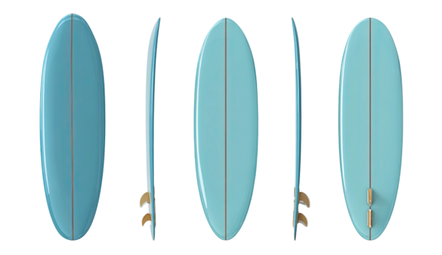 Rendered light-blue surfboard, showcasing the top, side, and rear views, featuring two fins