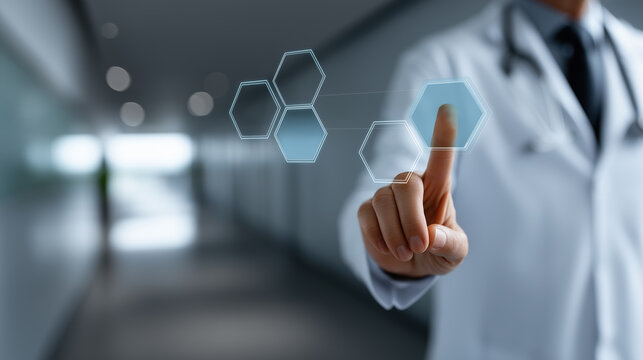Médecin interagit avec interface technologique hexagonale futuriste