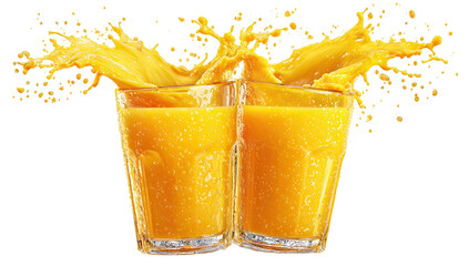 Two clear glasses of vibrant orange liquid create a splash as they clink together