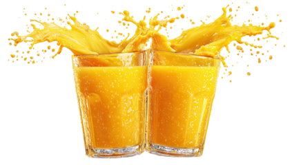 Two clear glasses of vibrant orange liquid create a splash as they clink together