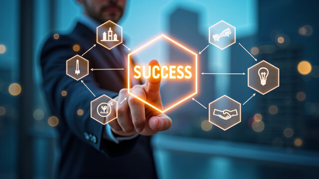 Business figure activates glowing “SUCCESS” icon—hexagonal interface radiates clarity, teamwork, and visionary ambition.
