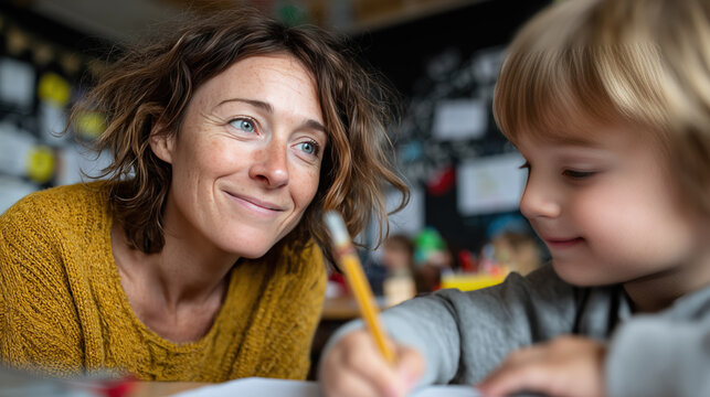 Mère souriante aidant son jeune enfant à faire ses devoirs à table
