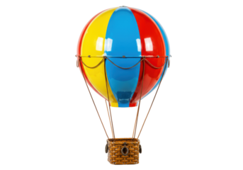 Colorful hot air balloon model isolated on transparent background, vintage style toy for decoration and gift