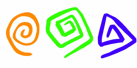 Colorful abstract spiral shapes on white background graphic illustration