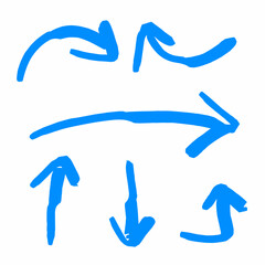 Hand drawn blue arrows pointing in different directions on white background