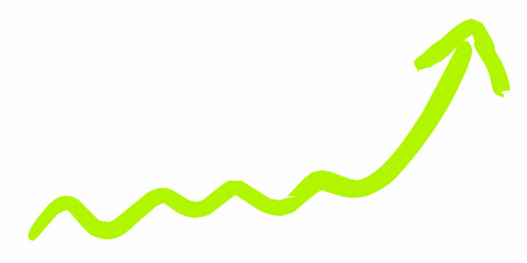 Upward trending lime green arrow with wavy base on white background