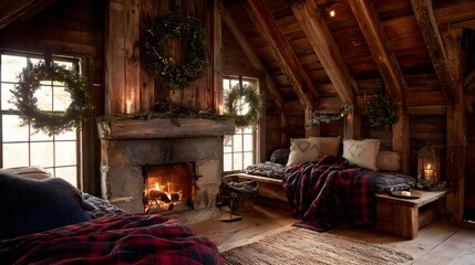 Cozy rustic cabin interior with a warm fireplace, winter decor, and inviting holiday atmosphere.