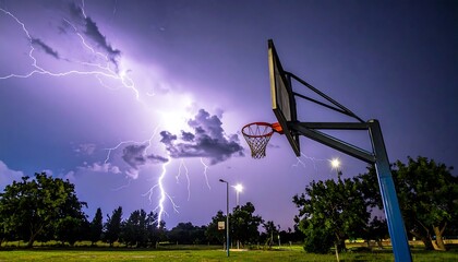 A nighttime view of a basketball hoop under a dramatic sky with lightning bolts. Trees and lights dot the foreground